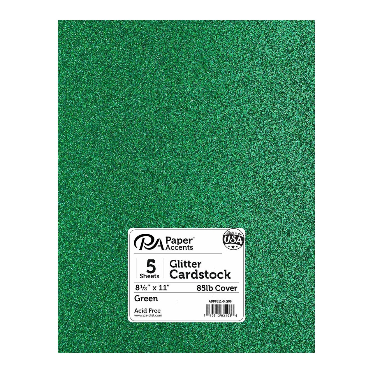 PA Paper Accents Glitter Cardstock 8.5" x 11" Green, 85lb colored cardstock paper for card making, scrapbooking, printing, quilling and crafts, 5 piece pack